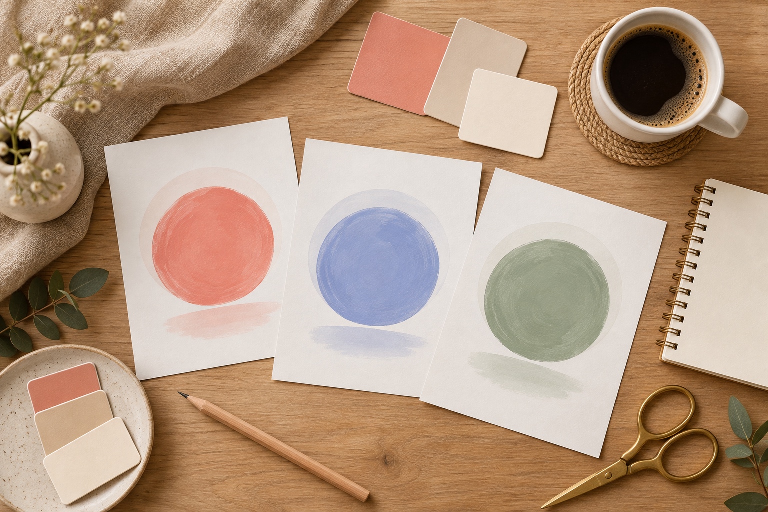 Plan de travail d'un designer avec des planches de recherche de personnage pour un avatar de chatbot, pastilles de couleur et croquis, vu du dessus