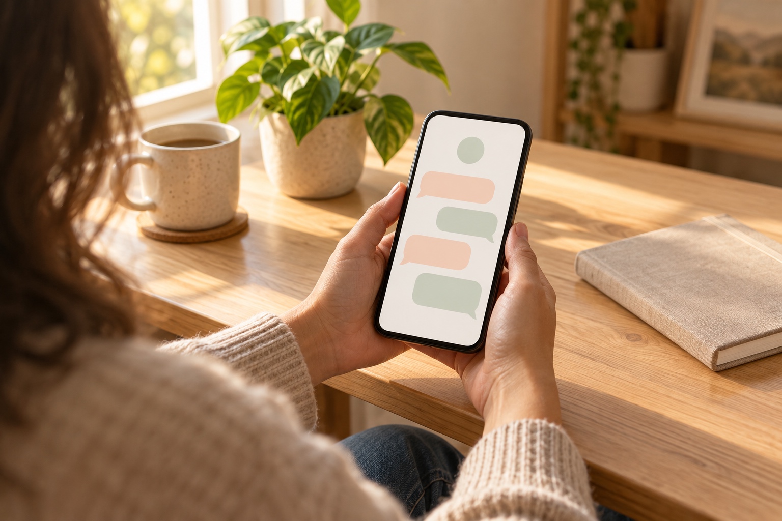 Mains tenant un smartphone montrant une conversation de chatbot avec un avatar rond vierge dans l'entête, dans une ambiance chaleureuse