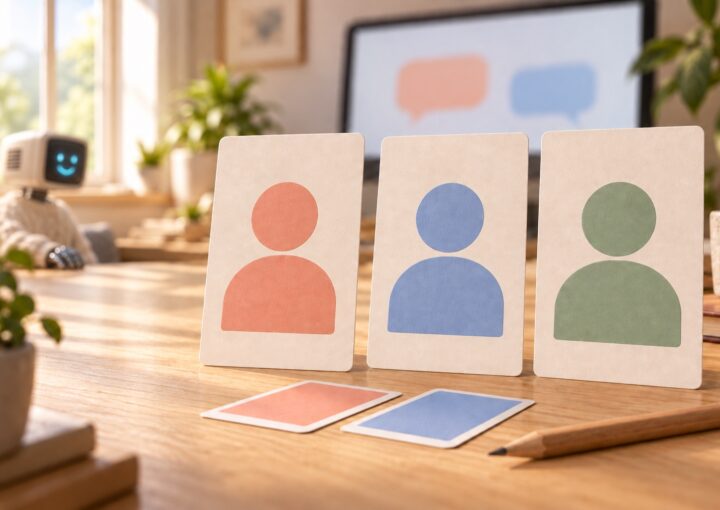 Trois cartes de personnages candidats pour choisir l'avatar d'un chatbot, observées par la mascotte robot Botnation