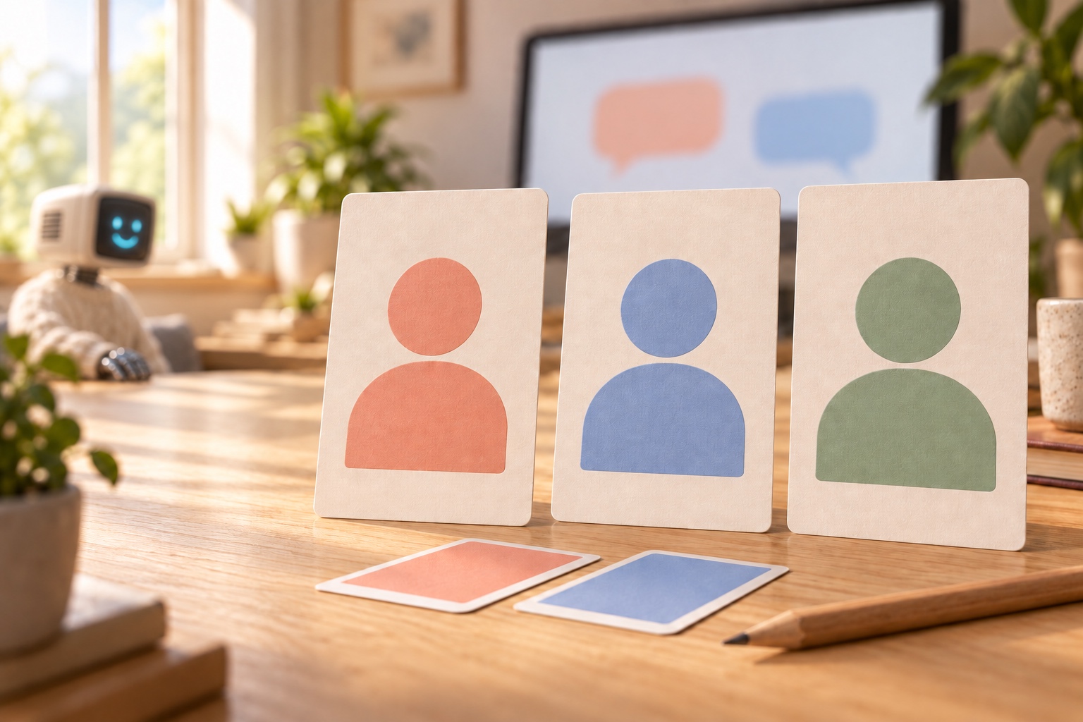 Trois cartes de personnages candidats pour choisir l'avatar d'un chatbot, observées par la mascotte robot Botnation