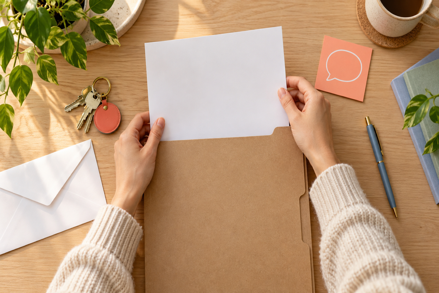 Mains rangeant un formulaire vierge dans un dossier cartonné de demande de logement, clés et post-it corail sur un bureau en bois
