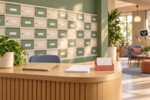 Comptoir d'accueil d'un office HLM avec mur de boîtes aux lettres, dossier de locataire sur le comptoir et petit robot flou en arrière-plan