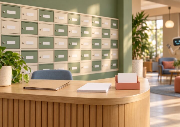 Comptoir d'accueil d'un office HLM avec mur de boîtes aux lettres, dossier de locataire sur le comptoir et petit robot flou en arrière-plan