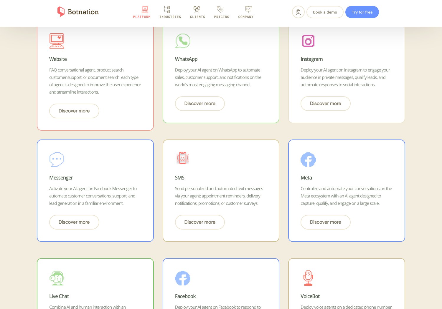 Screenshot of Botnation's channel cards: website, WhatsApp, Instagram, Messenger, SMS, Meta, live chat, Facebook and voicebot, with no Discord