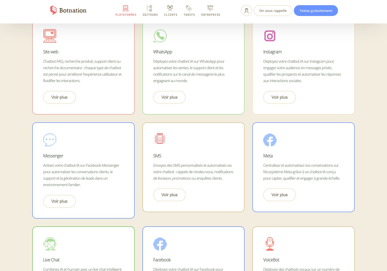 Capture des cartes de canaux de Botnation : site web, WhatsApp, Instagram, Messenger, SMS, Meta, live chat, Facebook et voicebot, sans Discord