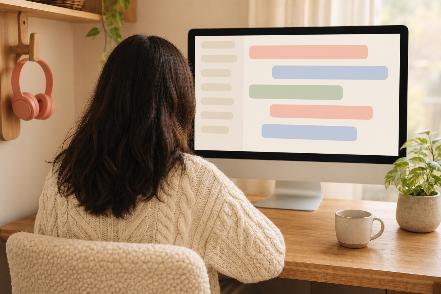 Person seen from behind in front of a screen showing a blank community interface with channels and messages