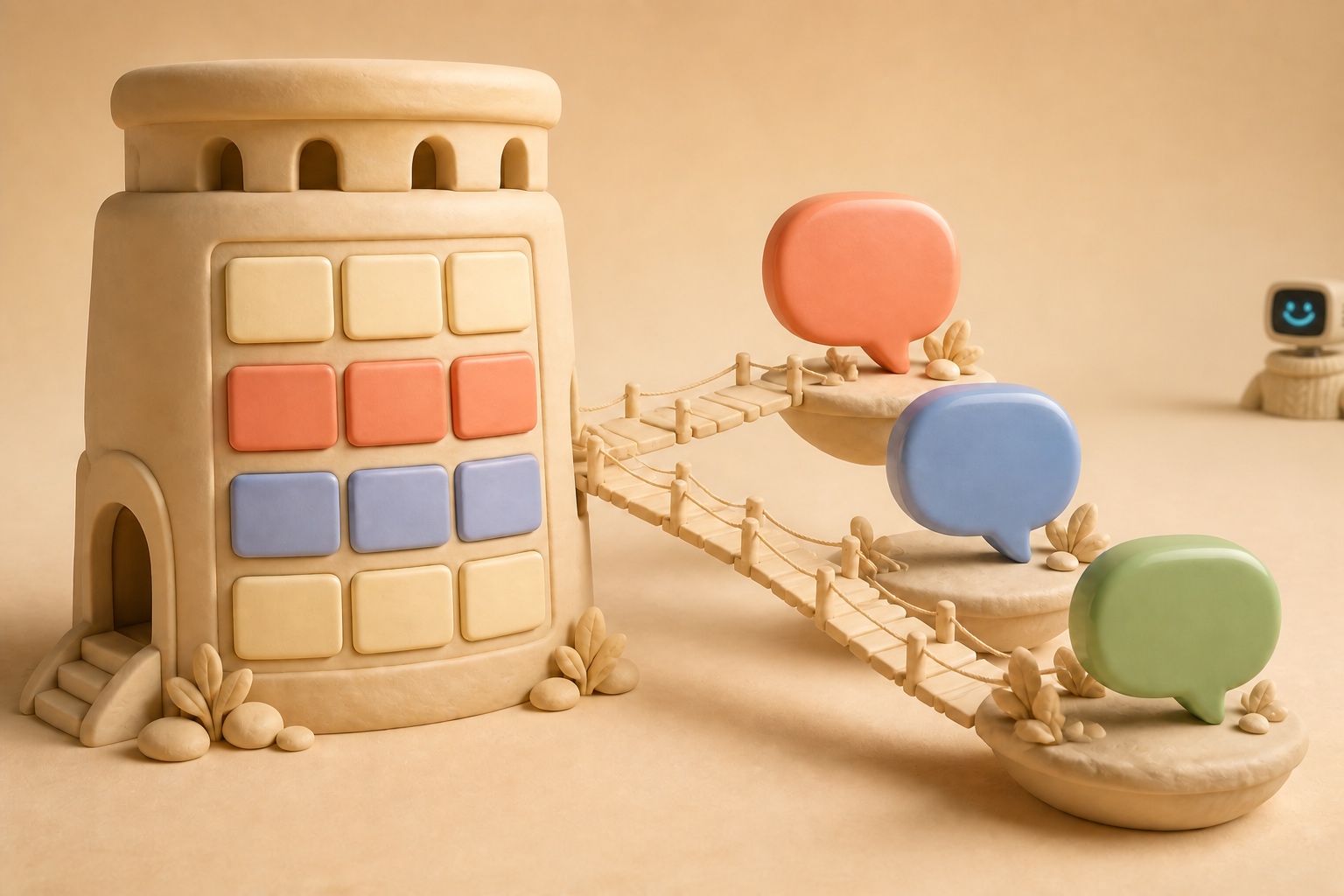 3D clay illustration: a channel-card server tower connected by a bridge to islands carrying chat bubbles of different colors