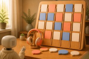 Panneau de salons de communauté en bois avec cartes vierges, casque audio et jetons de discussion, observé par un petit robot
