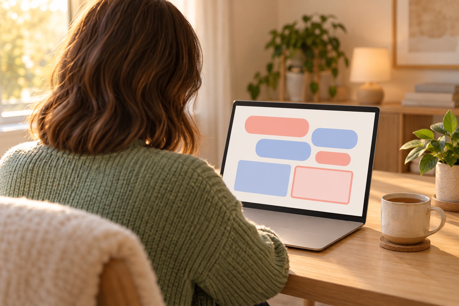 Over-the-shoulder view of a customer at a laptop: a chat conversation with blank bubbles and two product cards, one highlighted