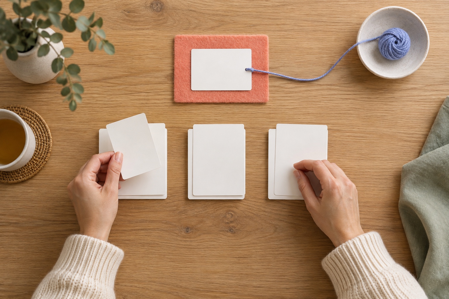 Hands sorting blank cards into piles on a light wooden desk: the methodical comparison of options before choosing a chatbot