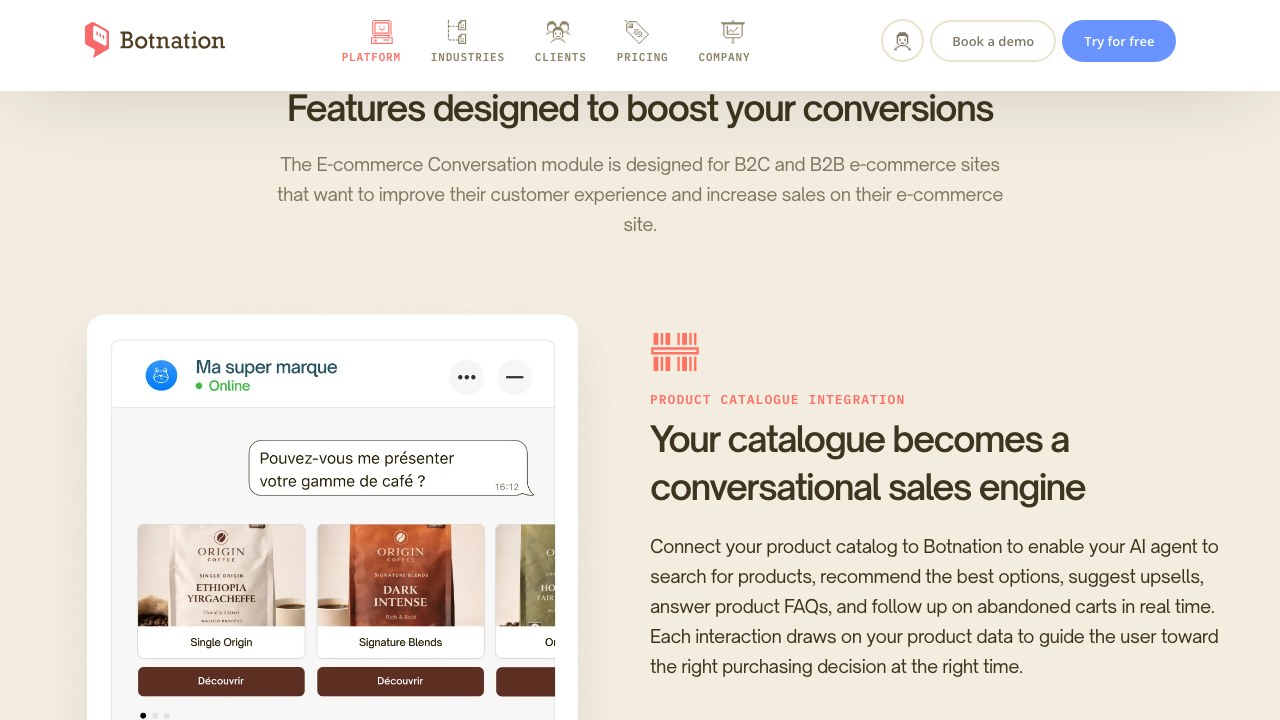 Screenshot of the Botnation e-commerce product page: product catalog integration section, search, recommendation and abandoned cart follow-up