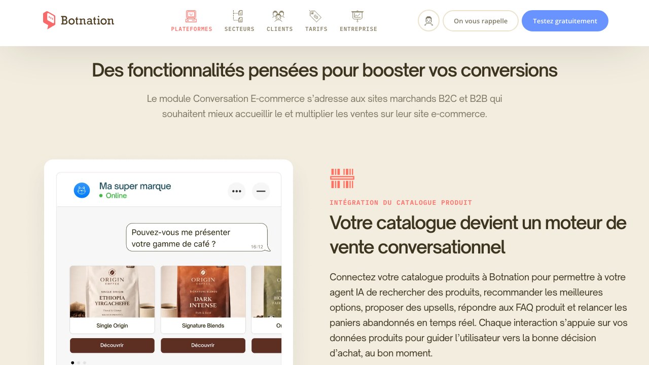 Capture de la page produit e-commerce de Botnation : section intégration du catalogue produit, recherche, recommandation et relance de panier