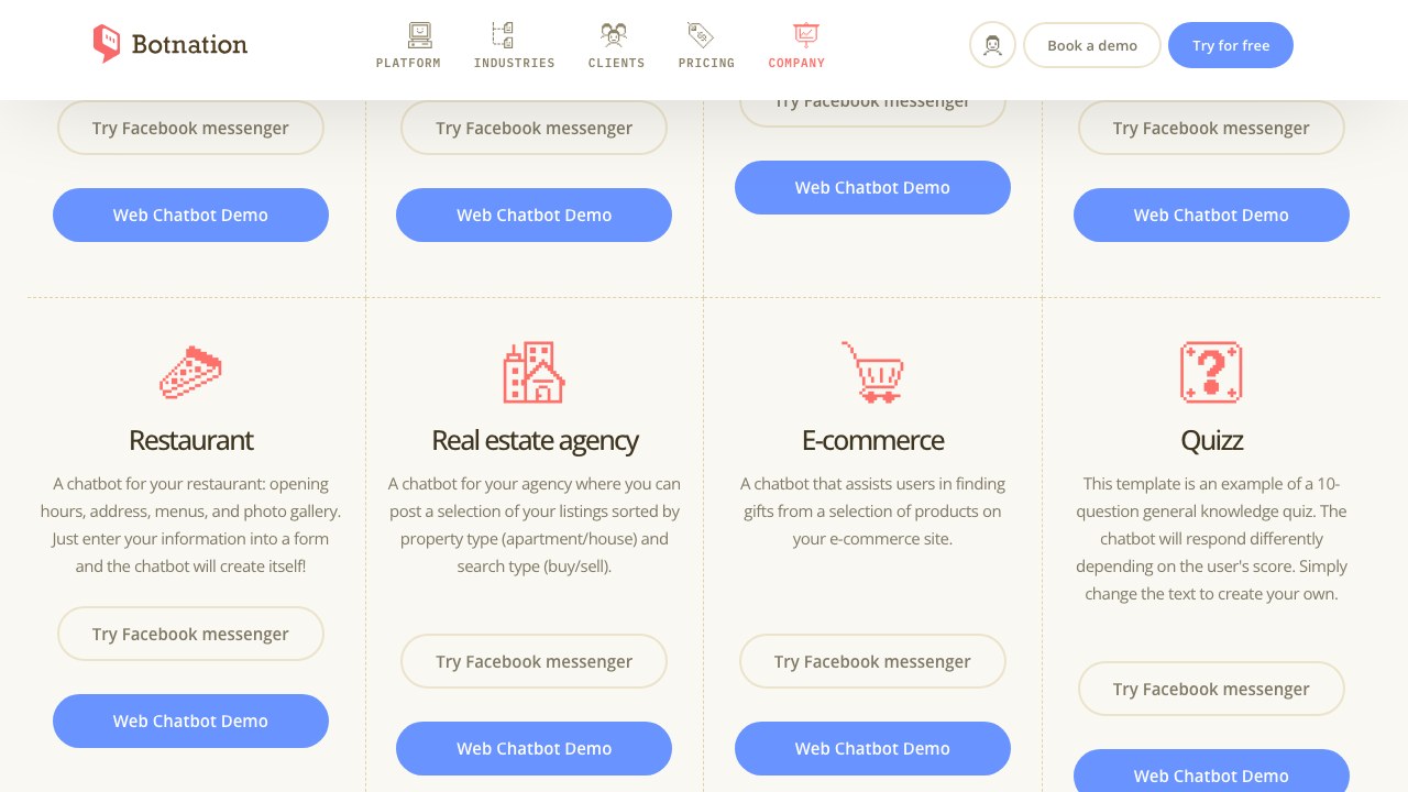 Screenshot of the Botnation demos and chatbot templates gallery: e-commerce, support and lead generation models