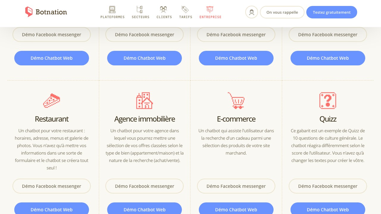 Capture de la galerie de démonstrations et gabarits de chatbots Botnation : modèles e-commerce, support et qualification de leads