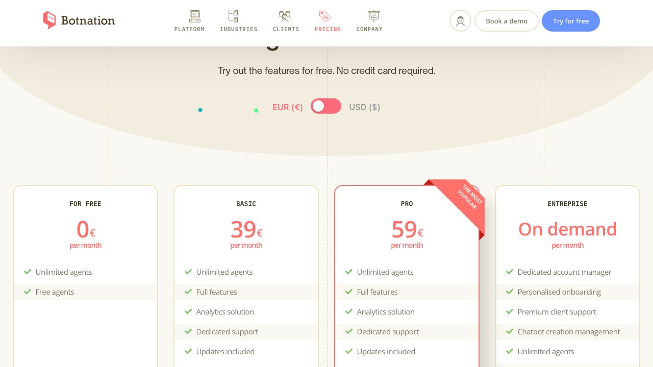 Screenshot of the official Botnation pricing grid: FOR FREE, BASIC 39 euros, PRO 59 euros and ENTREPRISE on demand plans