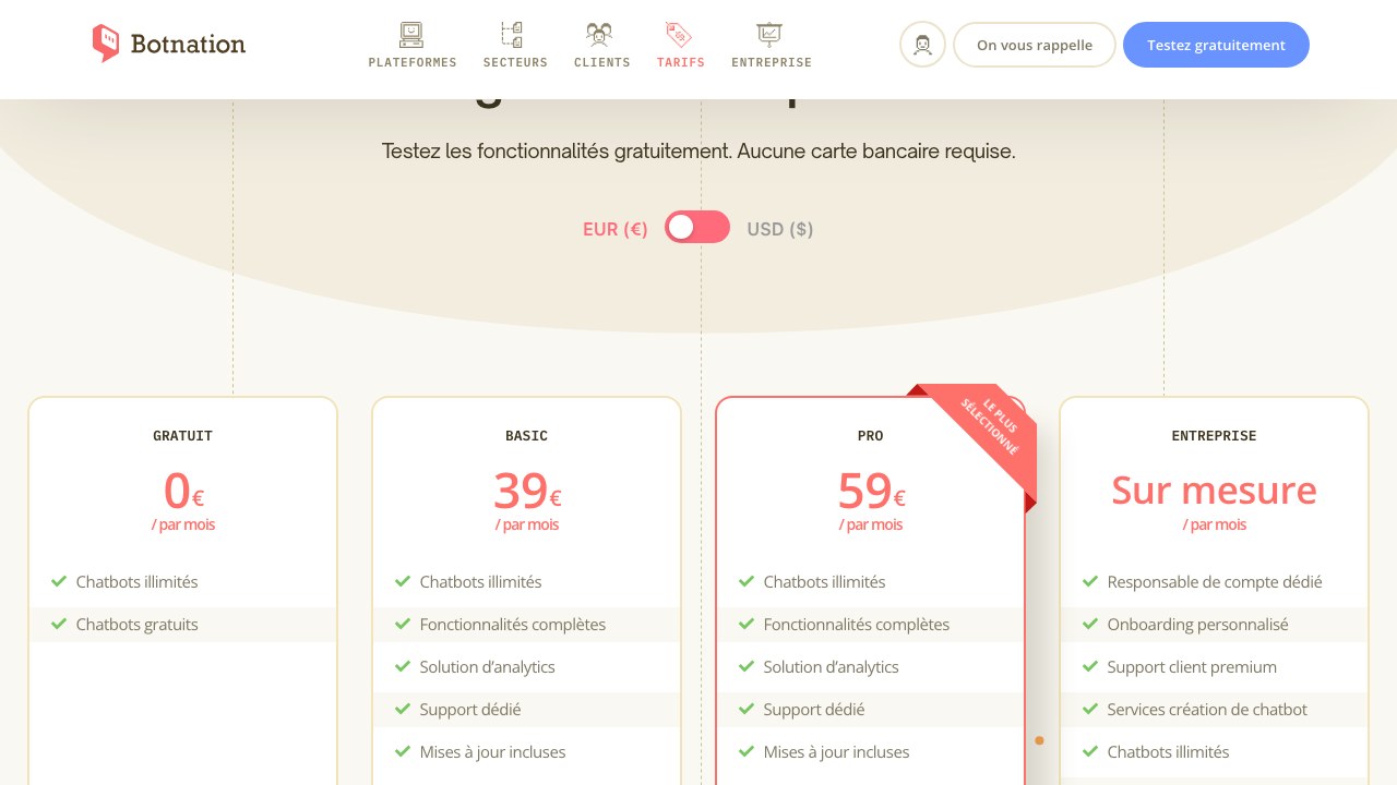 Capture de la grille tarifaire officielle Botnation : offres Gratuite, Basic 39 euros, Pro 59 euros et Entreprise sur mesure