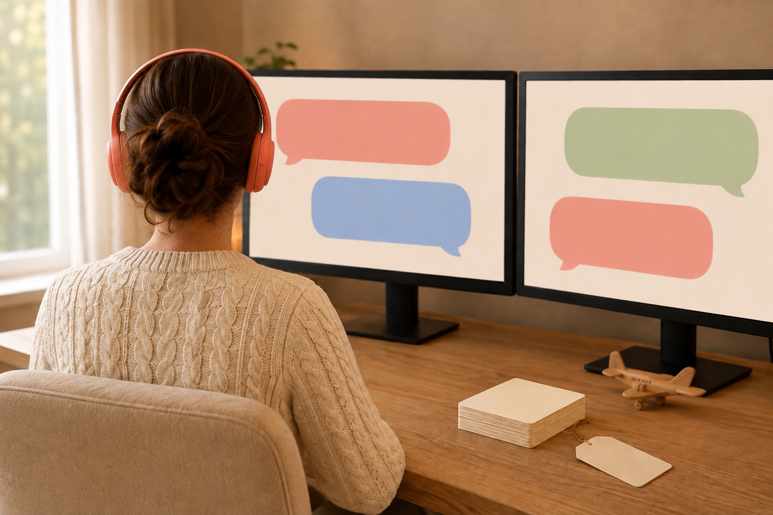 Airline agent seen from behind, coral headset, in front of two screens filled with blank conversation bubbles