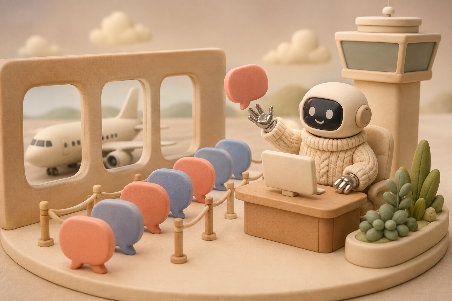 Clay diorama of a boarding gate where a queue of blank message bubbles waits in front of the Botnation robot at its desk