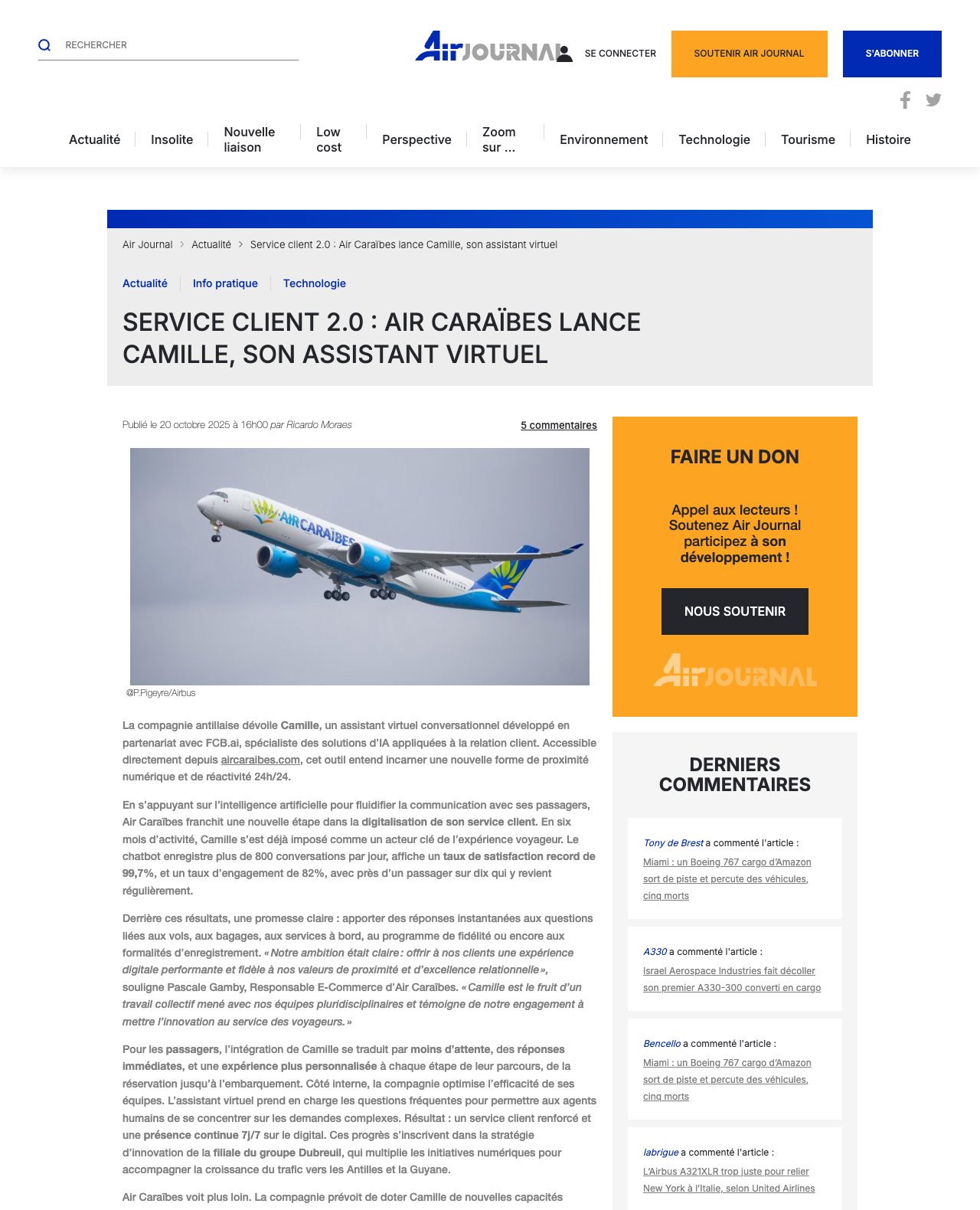 Air Journal article of October 20, 2025: Air Caraibes launches Camille, its virtual assistant, over 800 conversations a day