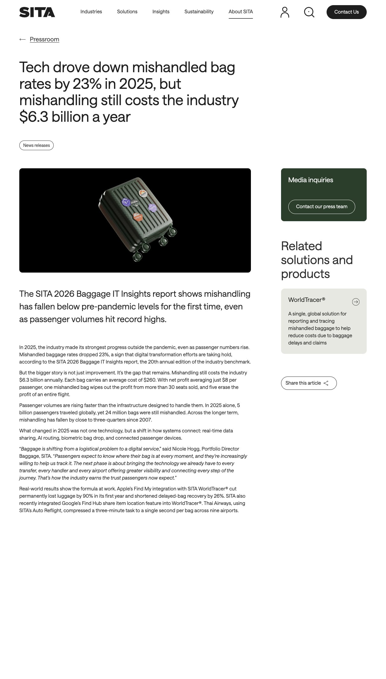 SITA 2026 press release: mishandled bag rate down 23 percent in 2025, a 6.3 billion dollar yearly cost