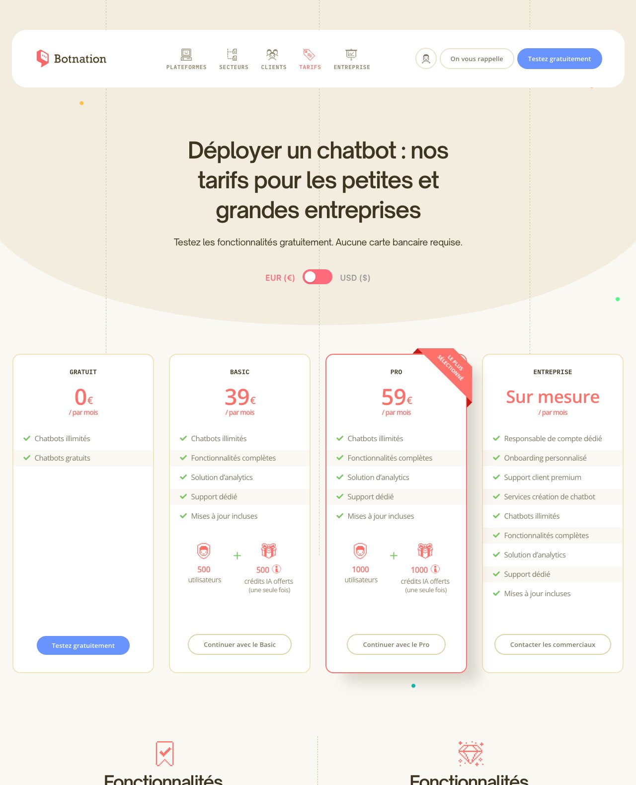 Grille tarifaire Botnation : Gratuit 0 euro, Basic 39 euros par mois, Pro 59 euros par mois, Entreprise sur mesure
