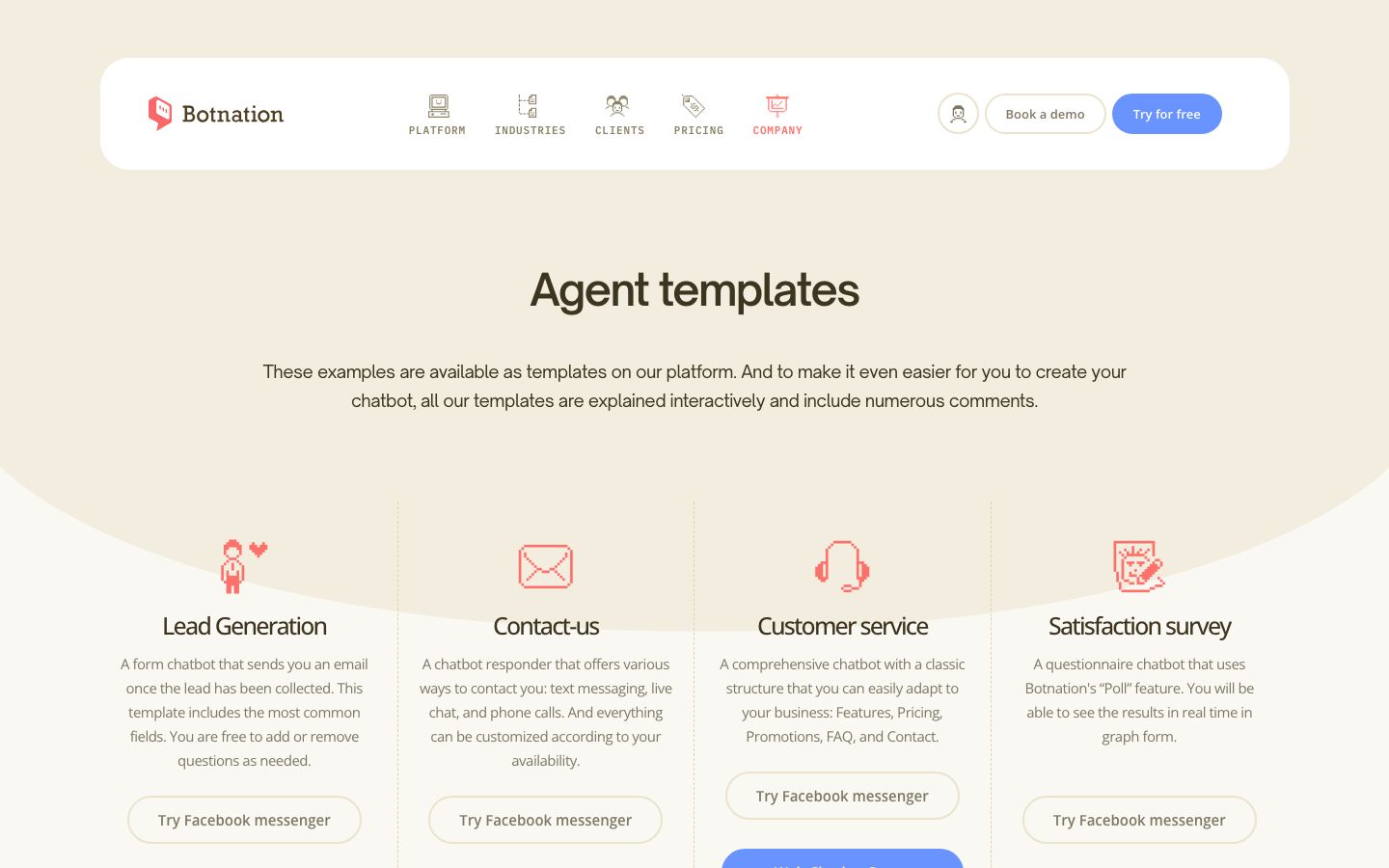 Screenshot of the Botnation template gallery: ready-to-test chatbot templates by industry