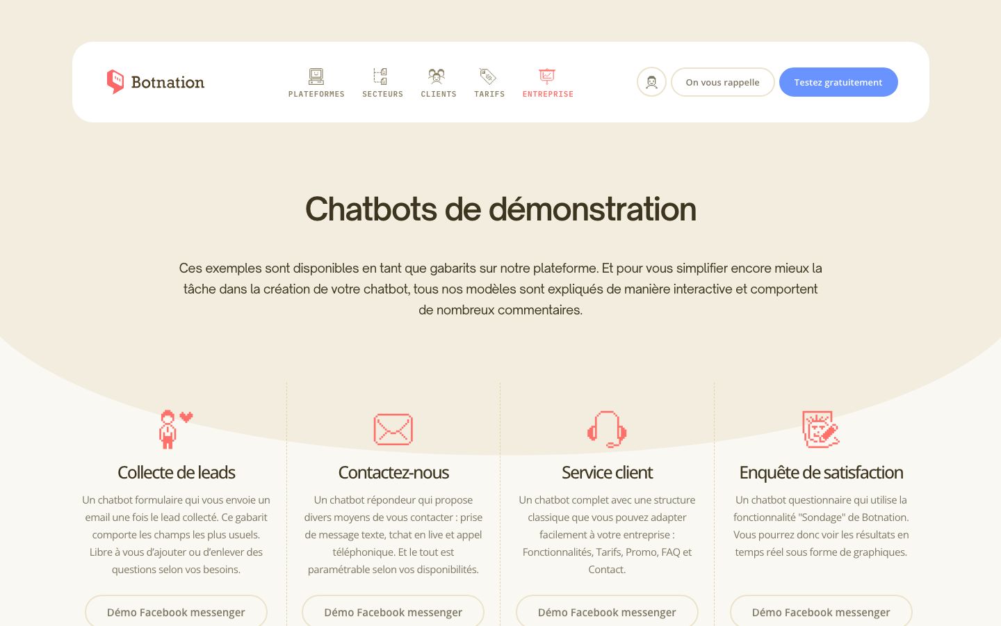 Capture de la galerie de démonstrations Botnation : gabarits de chatbots par métier prêts à tester