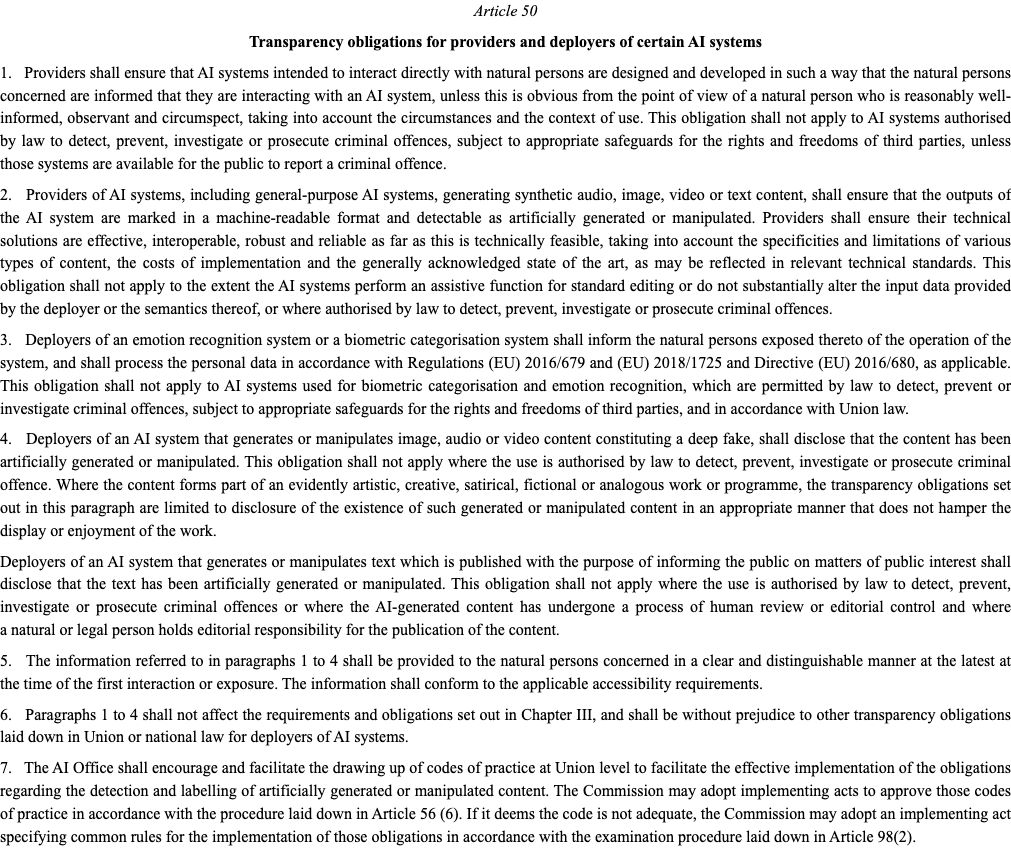 EUR-Lex screenshot: Article 50 of Regulation (EU) 2024/1689, transparency obligations for providers and deployers of AI systems