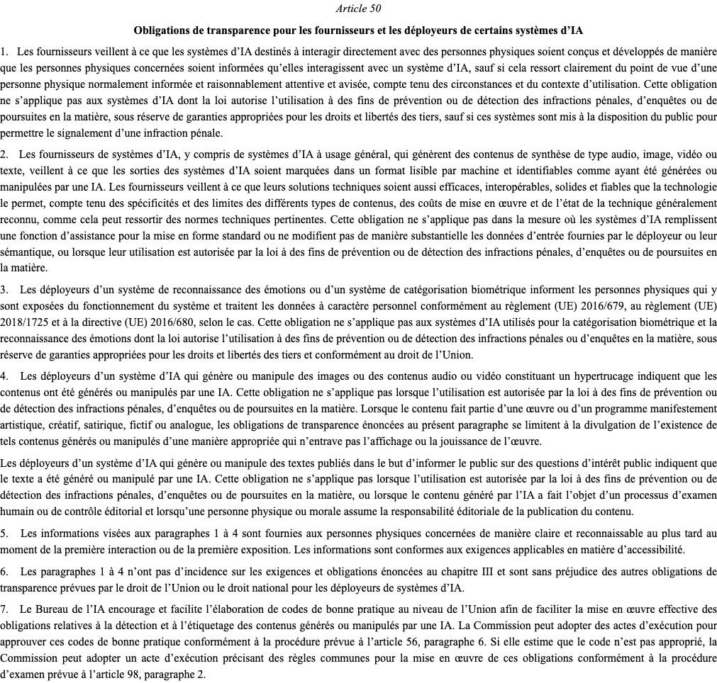 Capture d'EUR-Lex : article 50 du règlement (UE) 2024/1689 sur les obligations de transparence des systèmes d'IA