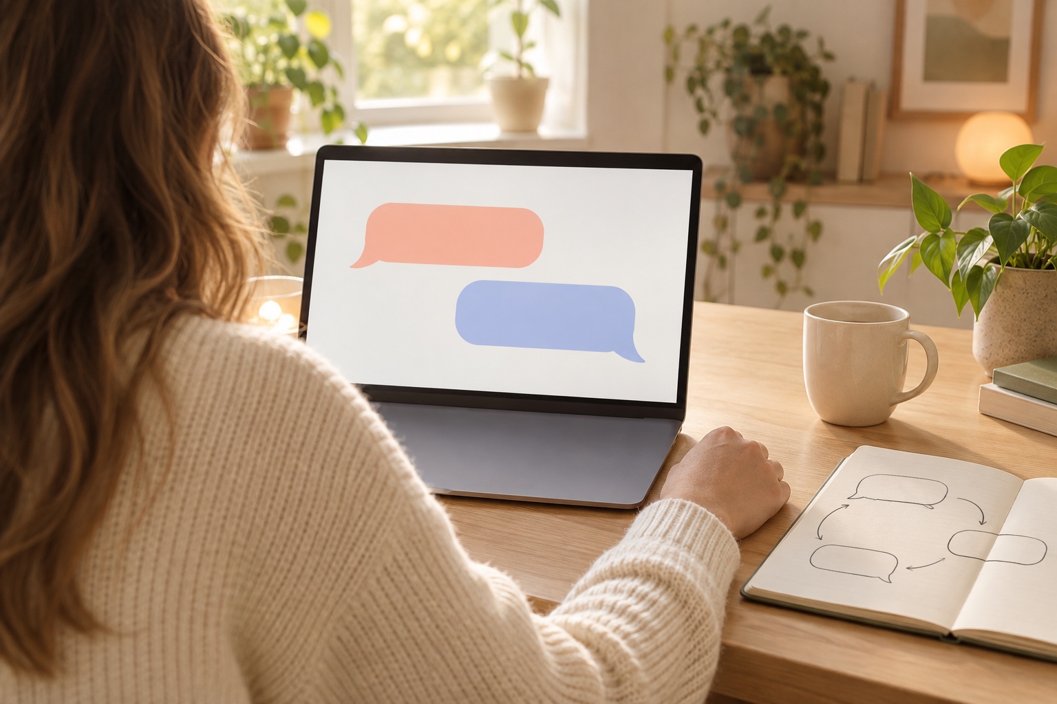 Over-the-shoulder view of a person seen from behind at a laptop showing a conversation of empty chat bubbles, a hand-drawn dialogue notebook beside it
