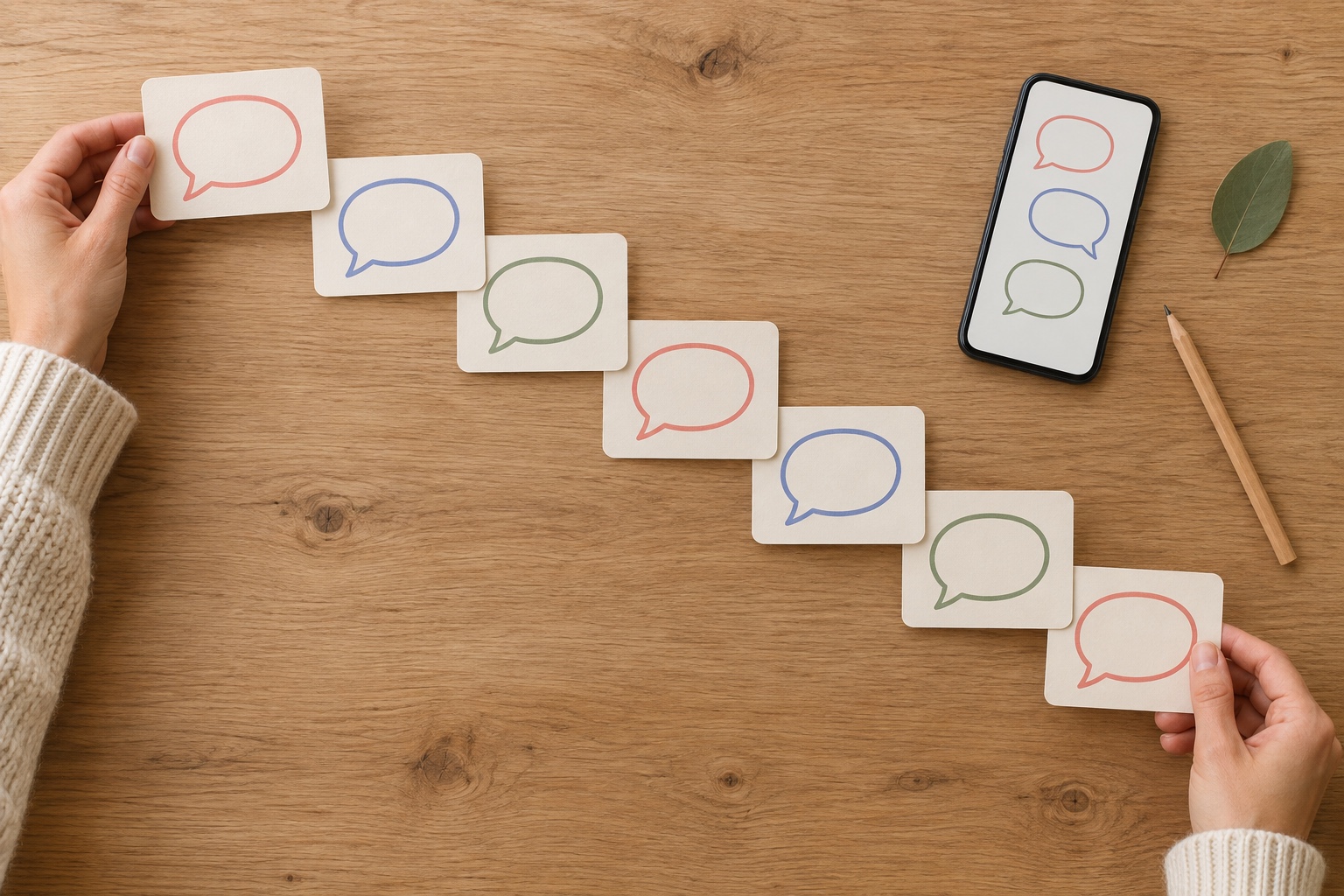 Top-down view of two hands in cream knit sleeves laying out blank speech-bubble dialogue cards on a light-wood desk