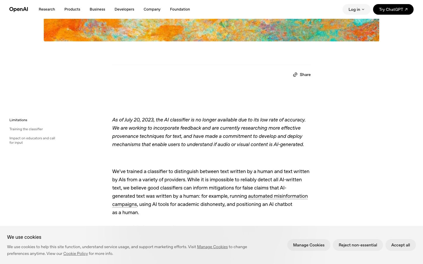 Screenshot of the official OpenAI blog: July 20, 2023 note announcing the withdrawal of its AI text classifier