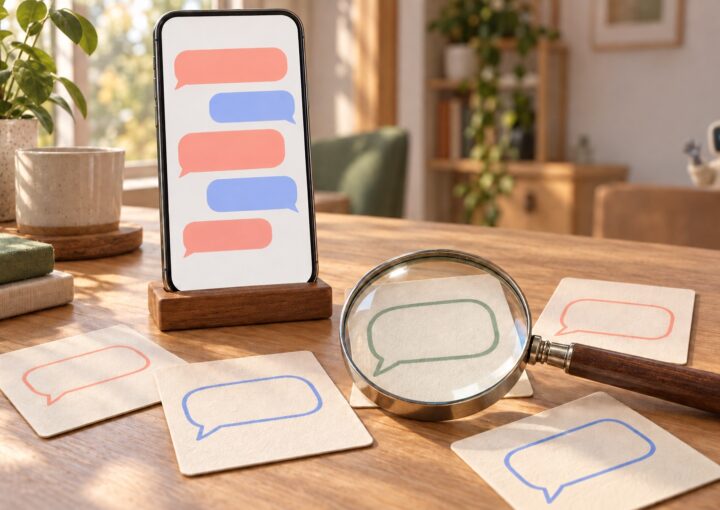 Smartphone affichant une conversation de bulles vides, cartes a bulles et loupe posees sur un bureau en bois clair, robot mascotte flou au fond du cadre