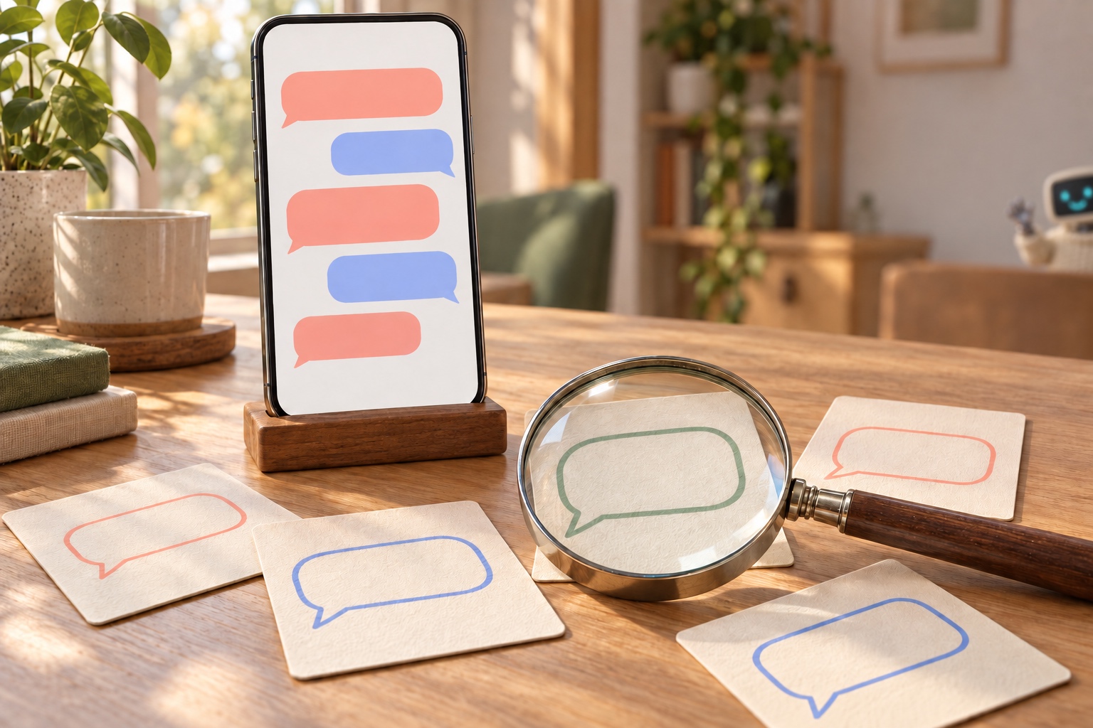 Smartphone affichant une conversation de bulles vides, cartes a bulles et loupe posees sur un bureau en bois clair, robot mascotte flou au fond du cadre