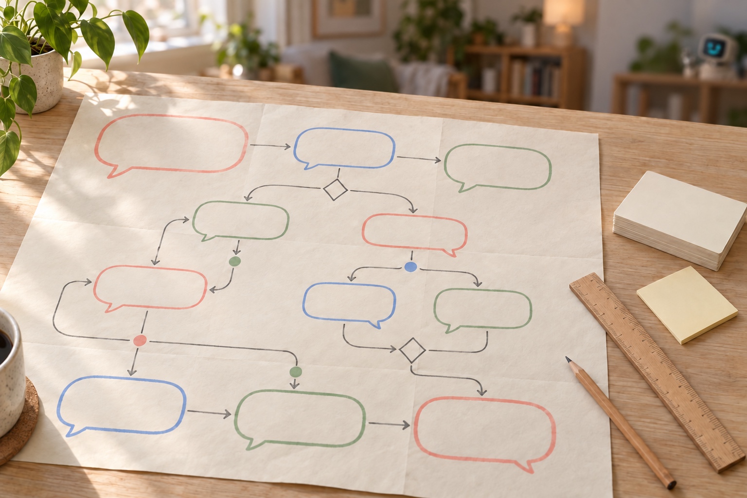 Plan de conception d'un chatbot : parcours de conversation à bulles vierges dessiné sur une feuille posée sur un bureau en bois