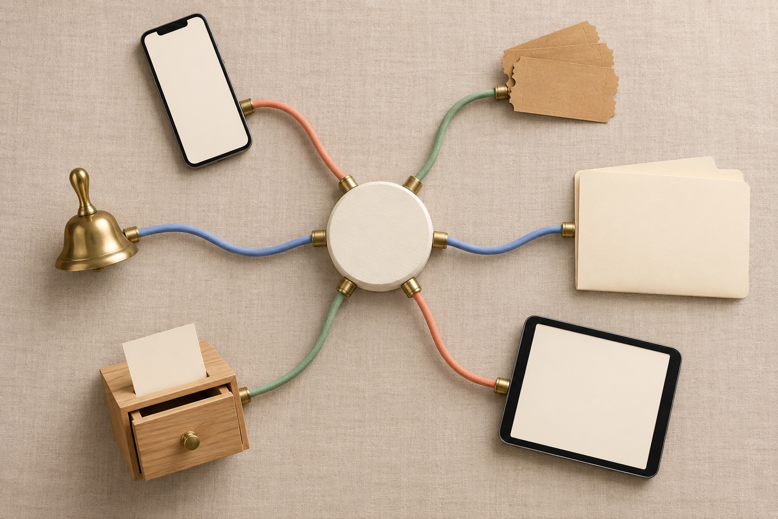 Top-down view of a wooden hub with six fabric-wrapped cables in coral, blue and sage green running to six objects: smartphone, tickets, folder, tablet, drawer and bell