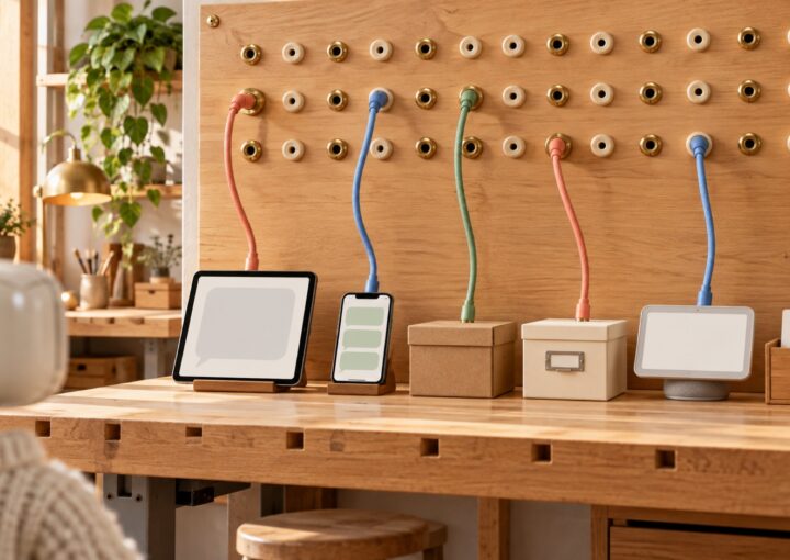 Panneau de raccordement en bois avec des câbles corail, bleu et vert sauge branchés vers un écran, un smartphone et des boîtes, dans un atelier chaleureux