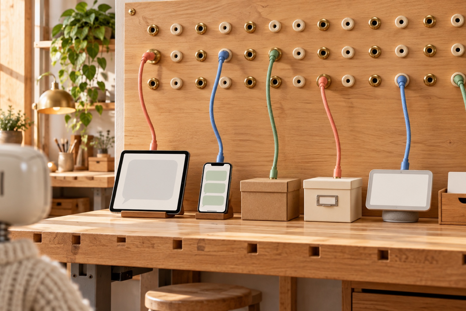 Panneau de raccordement en bois avec des câbles corail, bleu et vert sauge branchés vers un écran, un smartphone et des boîtes, dans un atelier chaleureux