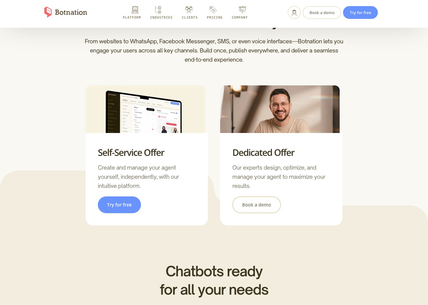 Botnation chatbot platform offers: Self-Service Offer and Dedicated Offer