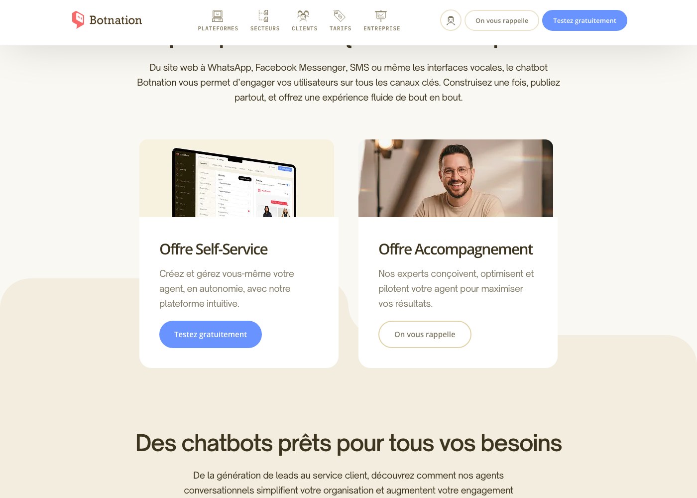Les deux offres de la plateforme chatbot Botnation : offre Self-Service et offre Accompagnement