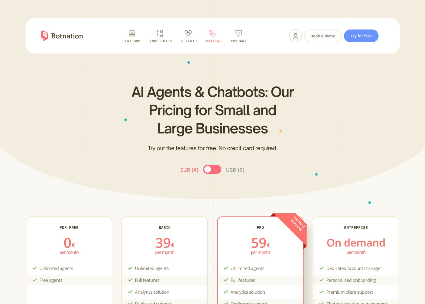 Botnation chatbot platform pricing grid as of September 15, 2026: FOR FREE, BASIC, PRO and ENTREPRISE