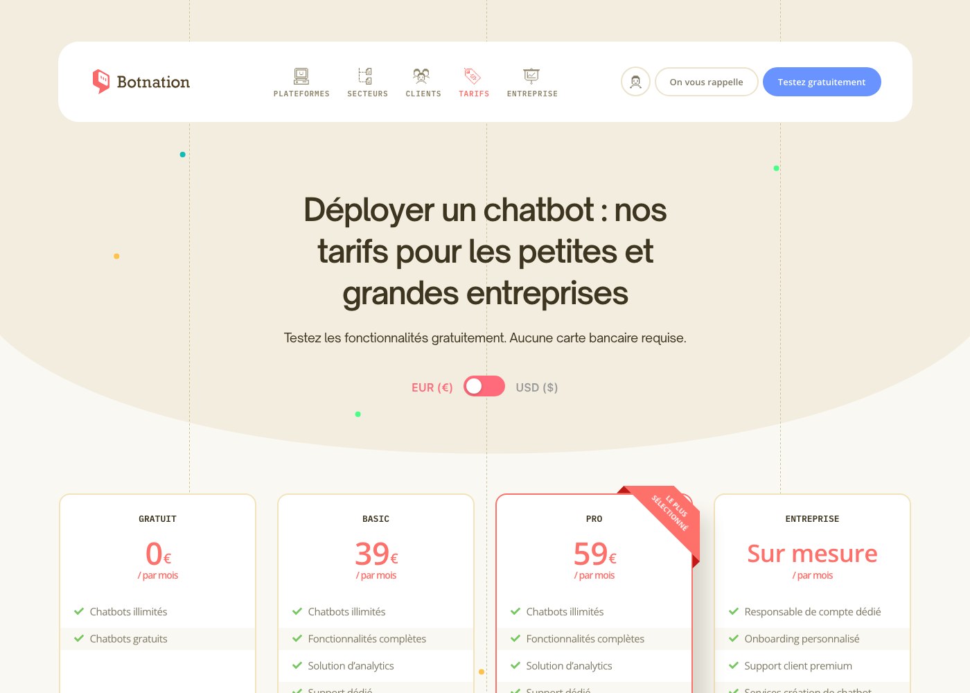 Grille tarifaire de la plateforme chatbot Botnation au 15 septembre 2026 : GRATUIT, BASIC, PRO et ENTREPRISE