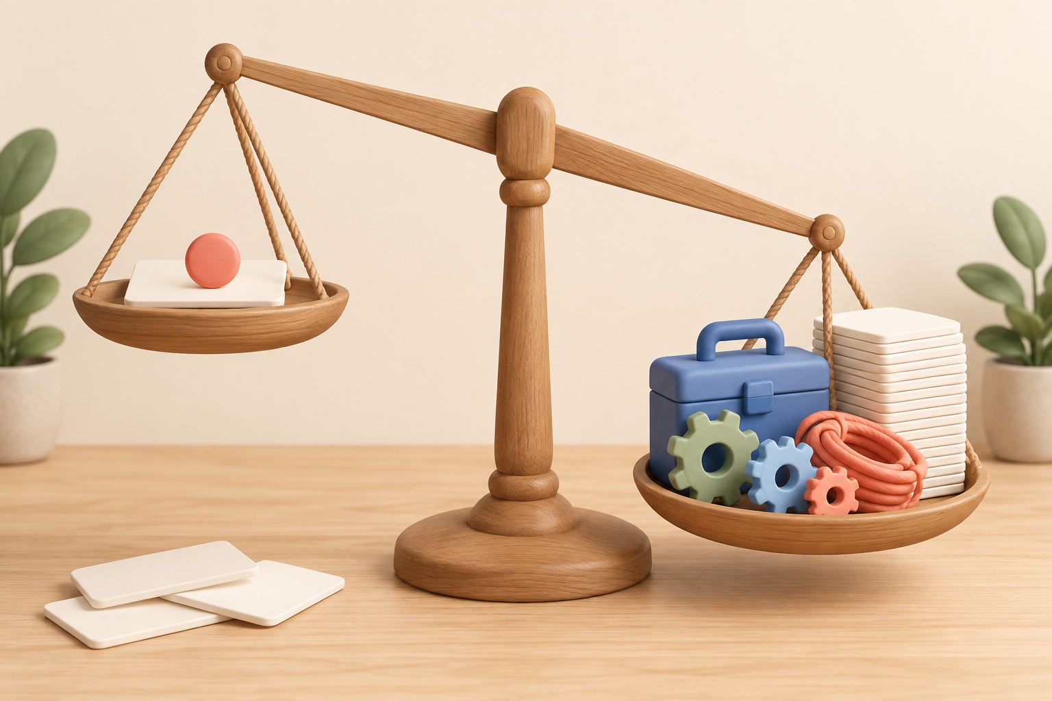 Balance en bois pesant une carte et un jeton face à une caisse à outils et une pile de fiches