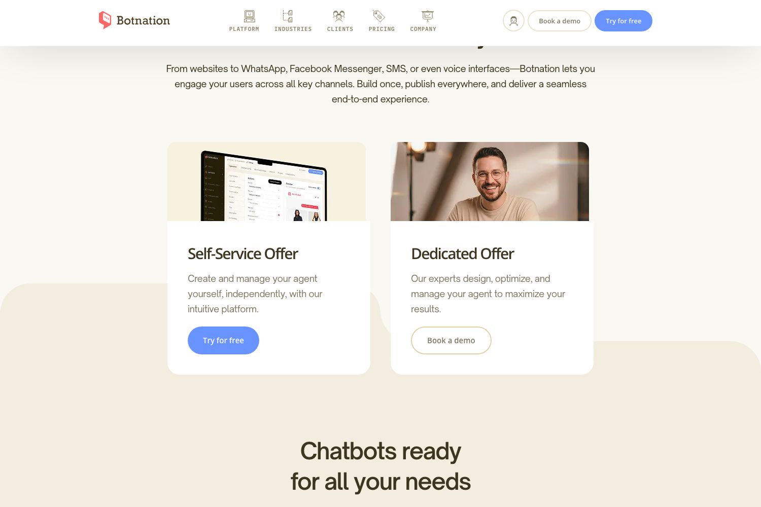 The two Botnation offers: Self-Service Offer to build independently and Dedicated Offer with experts