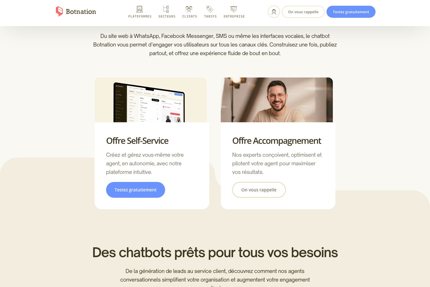Les deux offres du site Botnation : Offre Self-Service pour créer en autonomie et Offre Accompagnement avec des experts