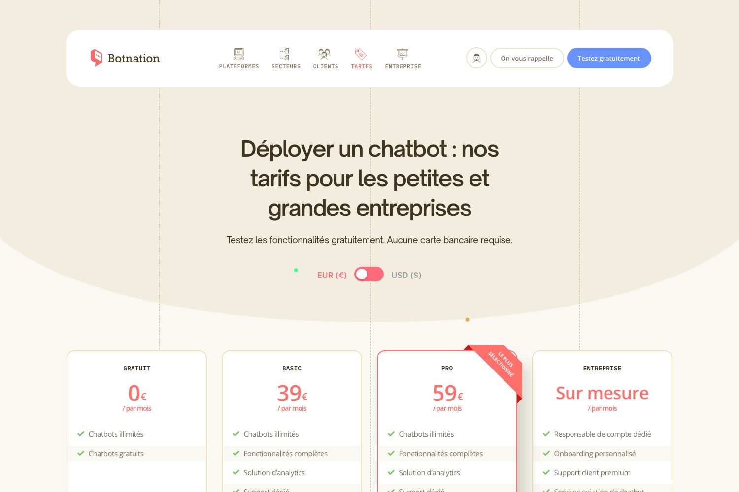 Grille tarifaire de Botnation : Gratuit 0 euro, Basic 39 euros, Pro 59 euros, Entreprise sur mesure
