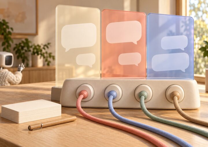 Poste de pilotage d une plateforme de chatbot d entreprise : trois panneaux de conversations et câbles colorés reliés à une console