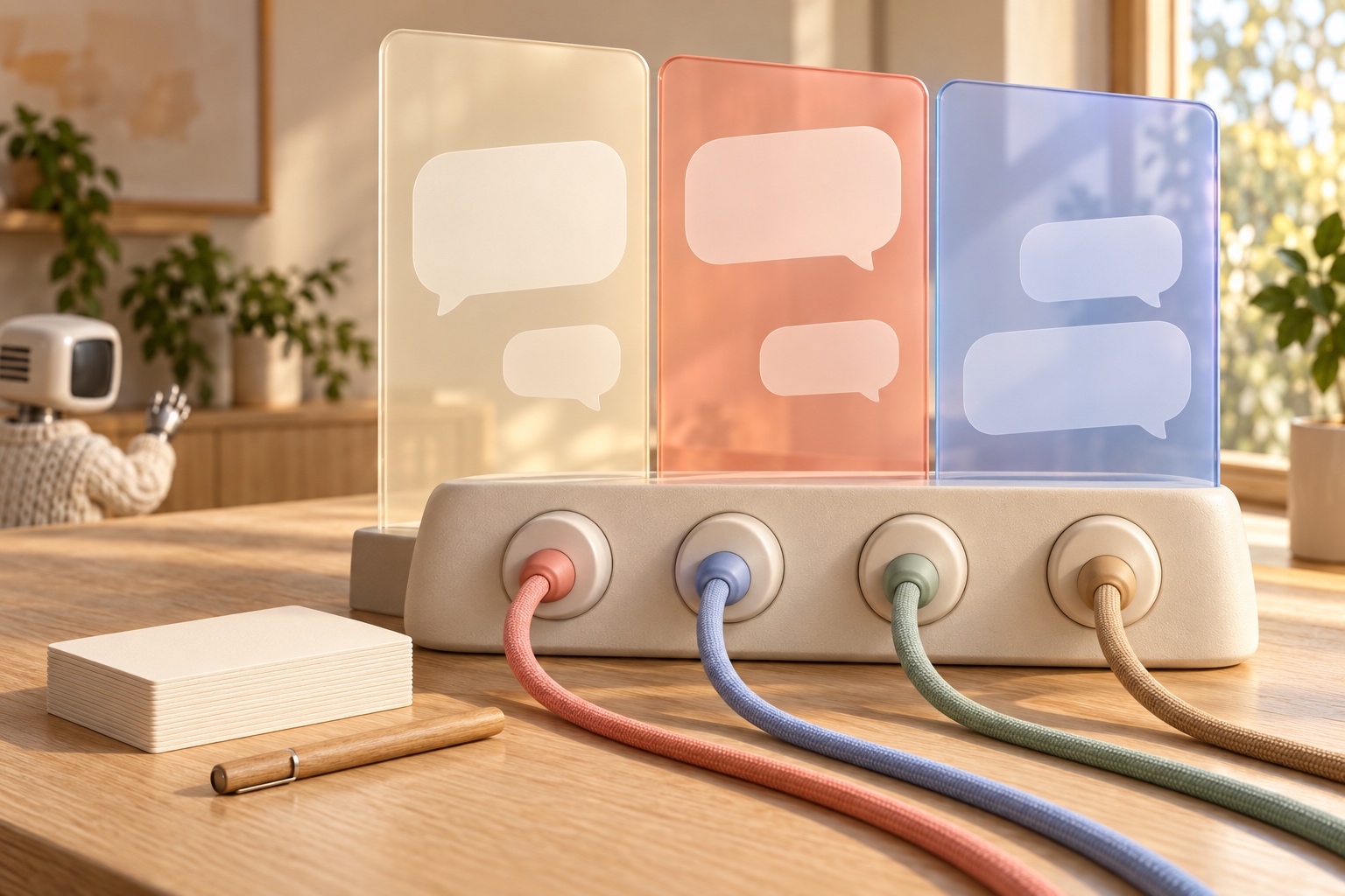 Poste de pilotage d une plateforme de chatbot d entreprise : trois panneaux de conversations et câbles colorés reliés à une console