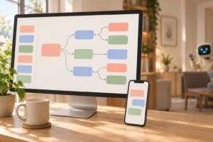 Plateforme chatbot : editeur visuel de scenarios de chatbot sur un ecran avec apercu mobile
