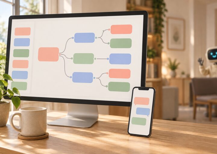 Plateforme chatbot : editeur visuel de scenarios de chatbot sur un ecran avec apercu mobile